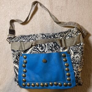 Focus Baby Retro Paisley Blue Handbag Purse Crossbody Studded Brass Hardware
